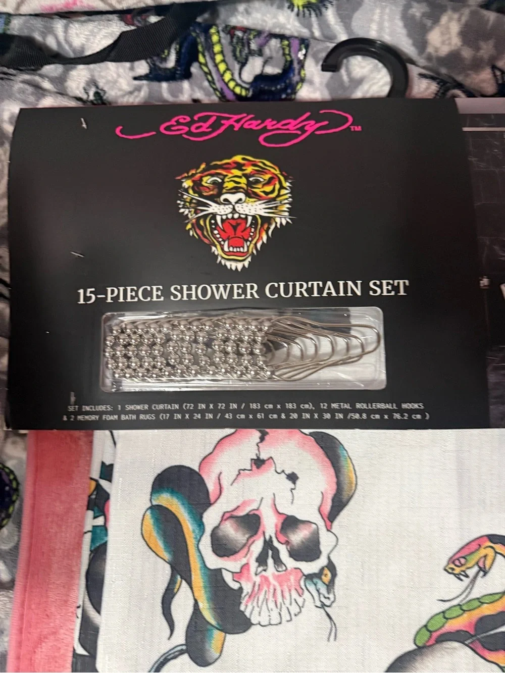 Ed Hardy Skull & Snake Shower Curtain Set in Pink